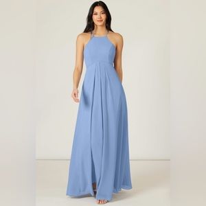 AZAZIE SARAH Empire Pleated Chiffon Floor-Length Dress Steel Blue
